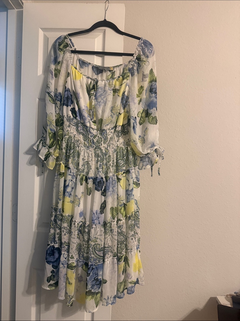 Floral Tiered Off-Shoulder Dress in White, Blue & Yellow